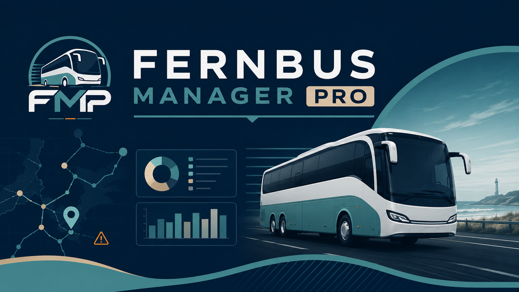 Fernbus-Manager-Pro mit Reisebus, Europakarte und Unternehmenskennzahlen